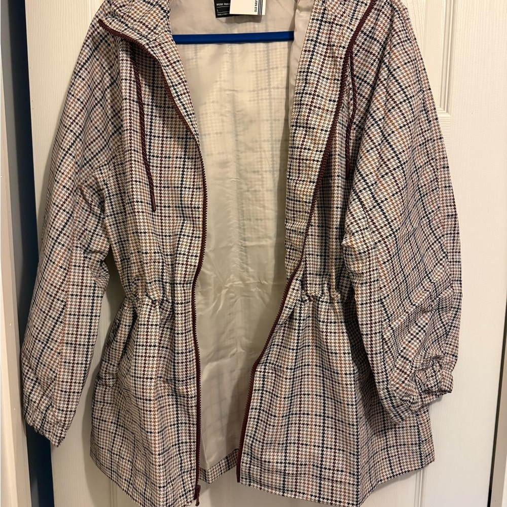 Old Navy Plaid Trench Coat in Beige and Brown Trim